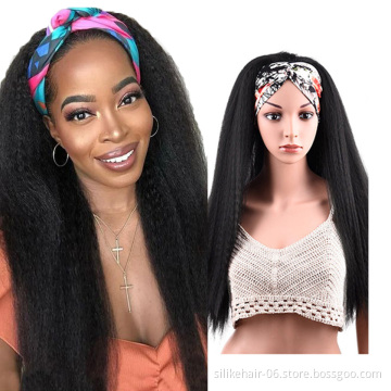 New 24 Inch Long Chic Style Kinky Straight Hair Headband Wig With Pre-attached Scarf Synthetic Yaki Straight Headband Wigs